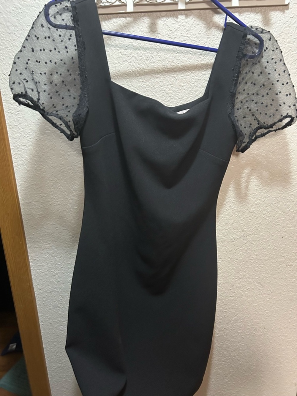 BCBGeneration Black Midi Dress with Sheer Dotted Puff Sleeves